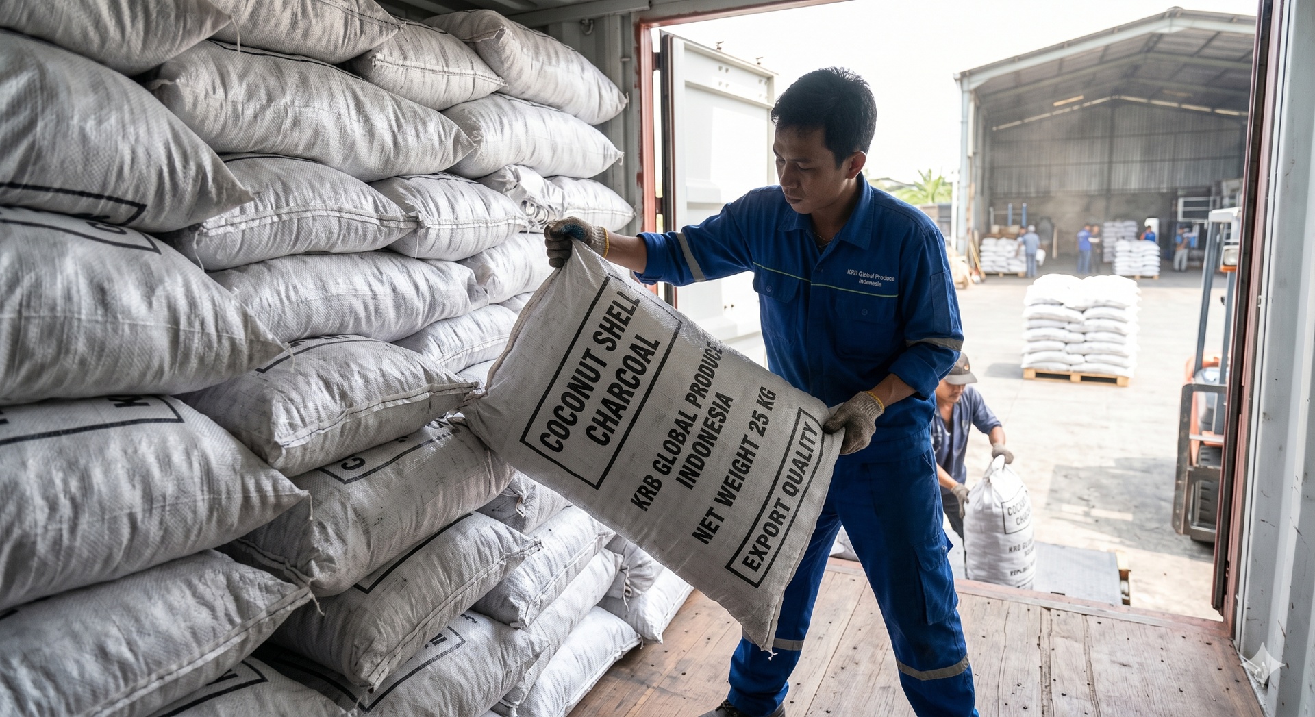 Container loading coconut shell charcoal sacks